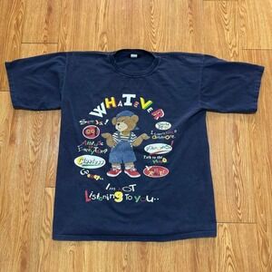 Vintage Shirt Bear Plush Attitude Girly School‎ Y2K Quote Saying Navy Measures L